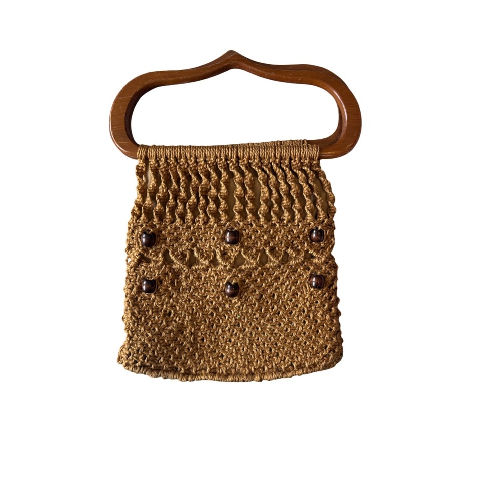 Vintage Boho Macrame Handbag Wood Handles Crochet Purse 70s Woven Bag